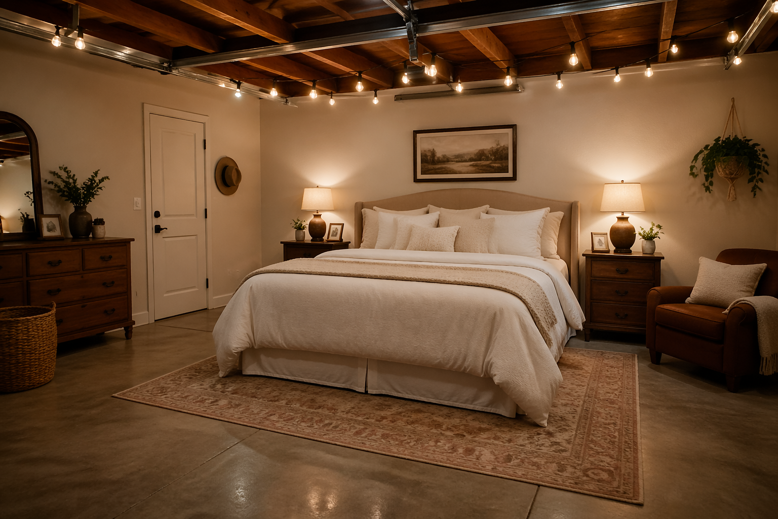 Cozy garage bedroom conversion with exposed beams and warm lighting