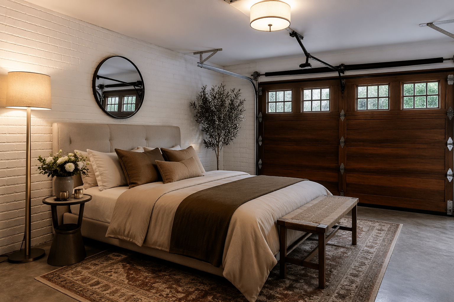 Comfortable garage bedroom with painted brick walls and earth tone decor