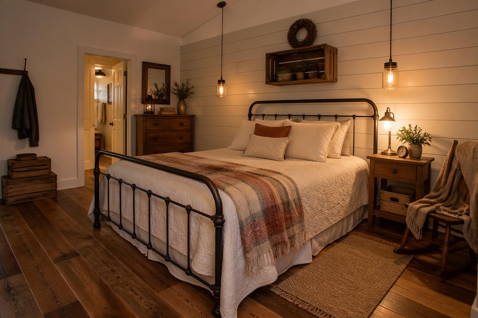 Rustic garage guest bedroom with shiplap walls and vintage furniture