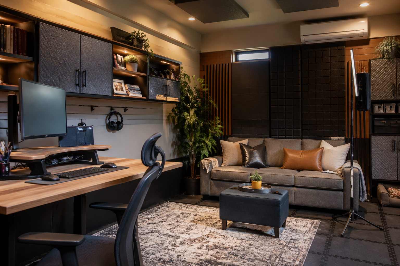 Contemporary garage office with sleeper sofa and video conference setup