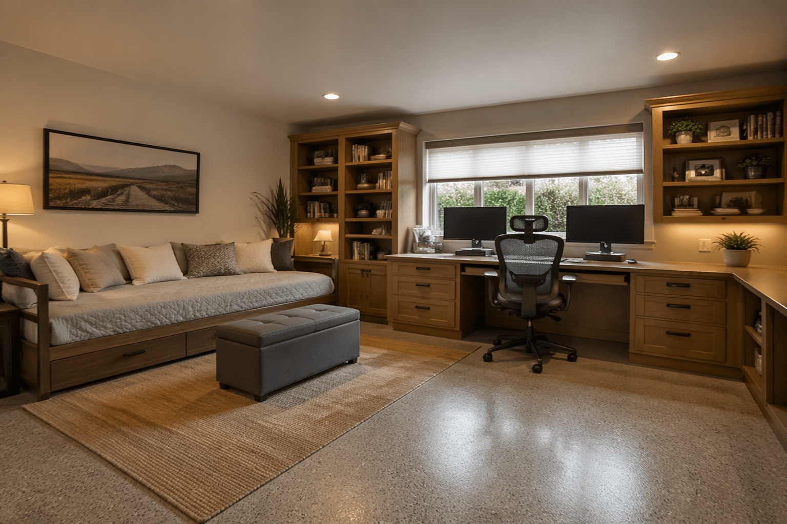 Garage guest room and home office with daybed and professional workspace