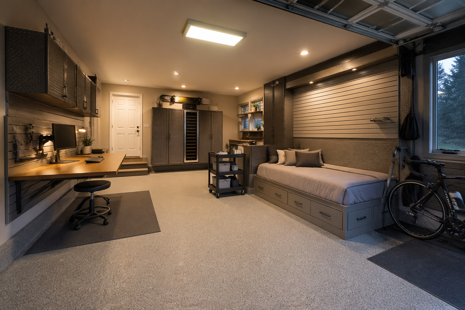 Flexible garage space with fold-down desk and guest bed storage