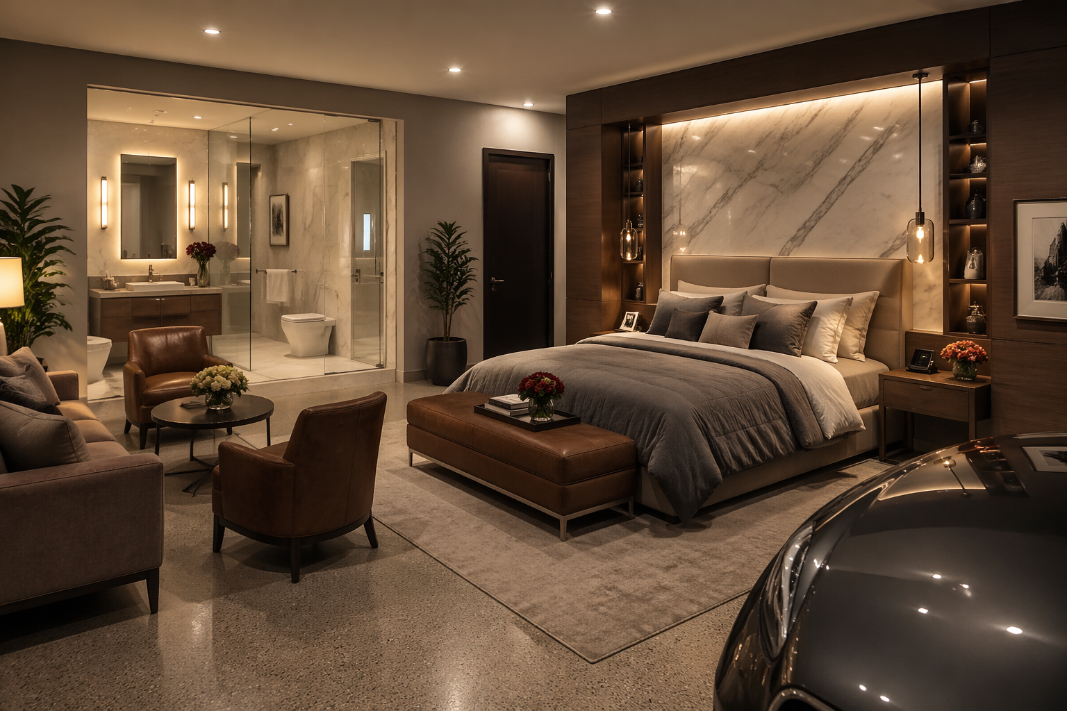 Upscale garage bedroom with custom built-ins and marble accents