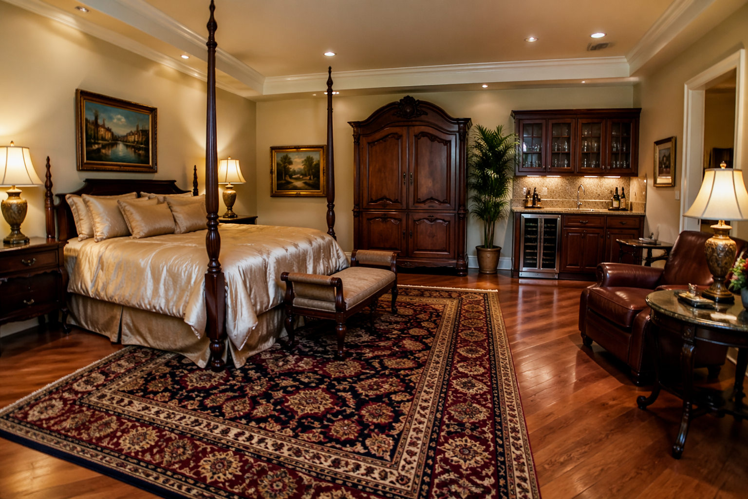 Elegant garage conversion with four-poster bed and built-in wet bar