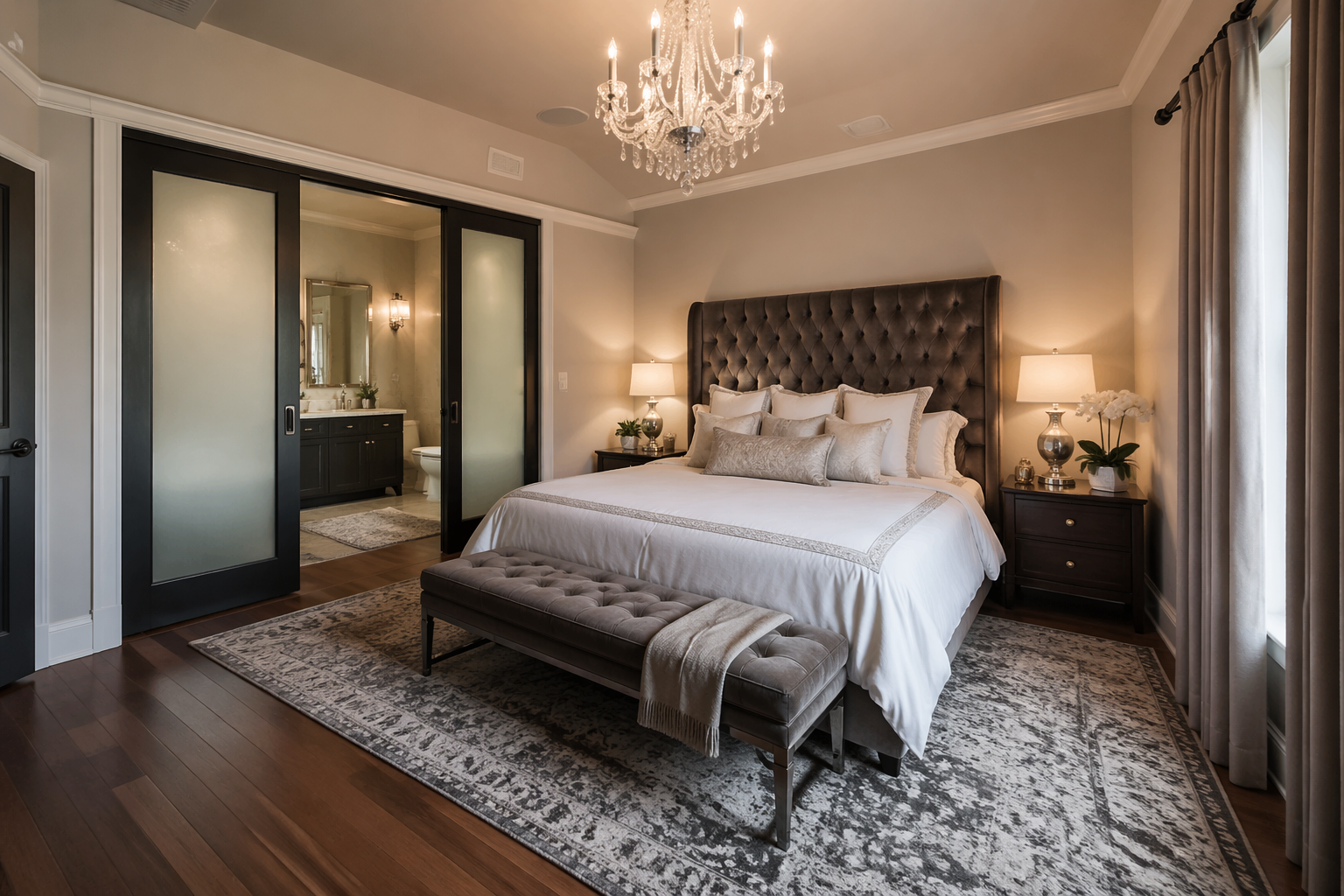 Luxury garage guest suite with velvet headboard and crystal chandelier