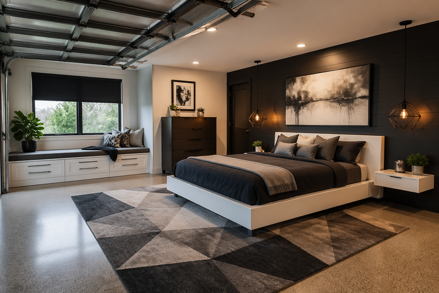 Contemporary garage bedroom featuring black accent wall and geometric lighting