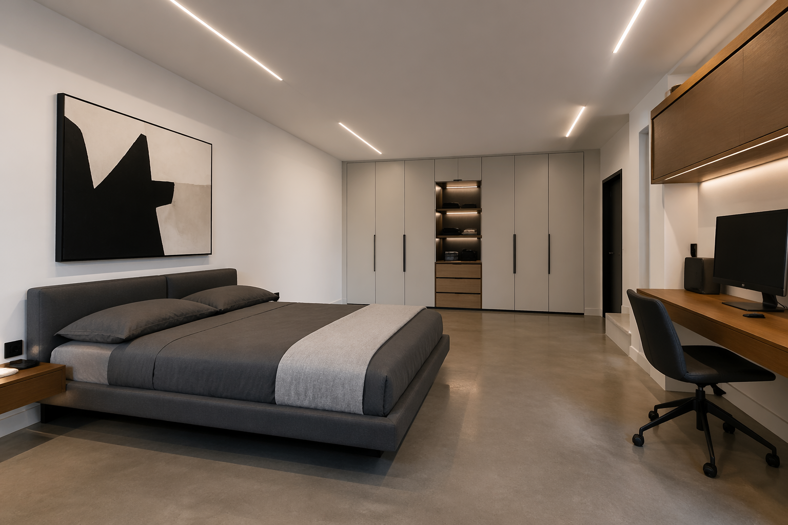 Minimalist garage guest room with linear LED lighting and built-in storage