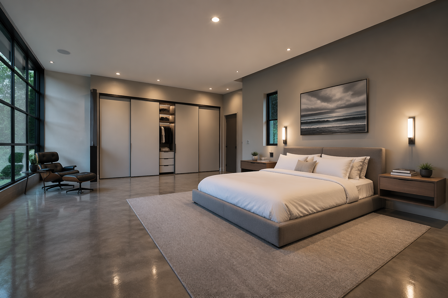 Modern garage guest bedroom with floor-to-ceiling windows and platform bed