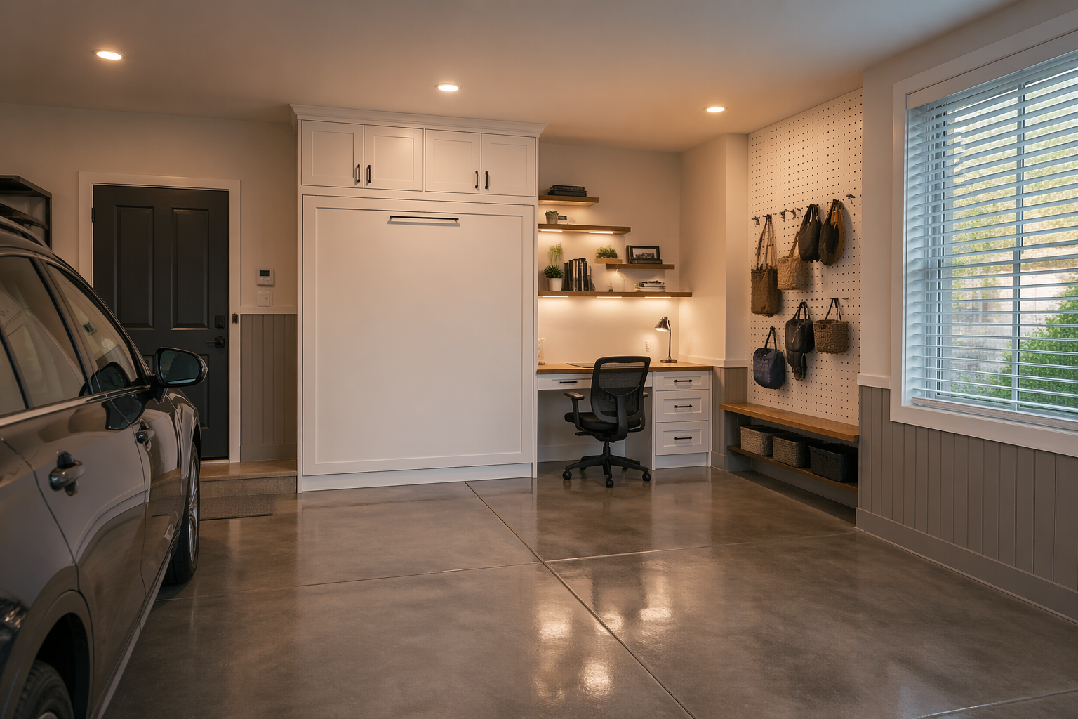 Murphy bed guest nook in closed position showing built-in desk space