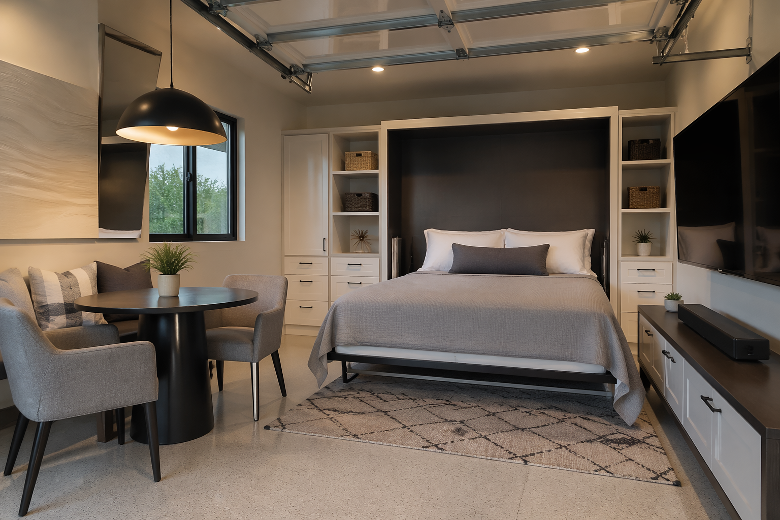 Horizontal Murphy bed design with modular furniture and built-in storage
