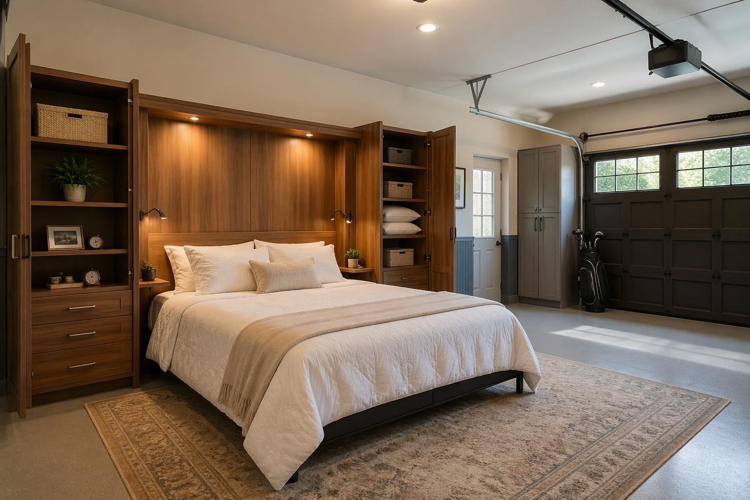 Murphy bed guest room in sleeping position with integrated storage