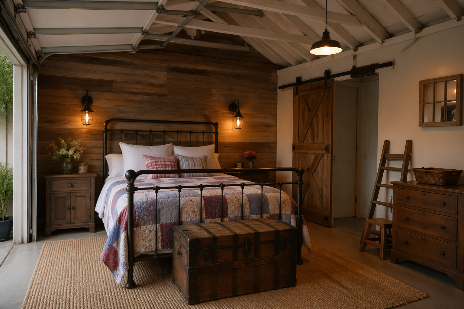 Rustic farmhouse garage bedroom with reclaimed wood wall and barn door