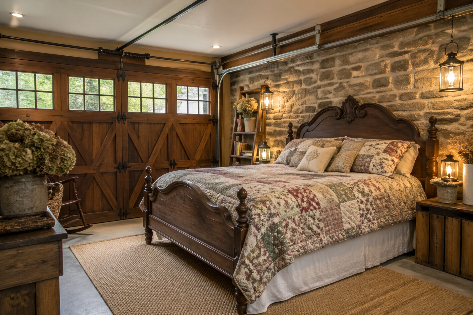 Country garage conversion with stone wall and carved wooden furniture