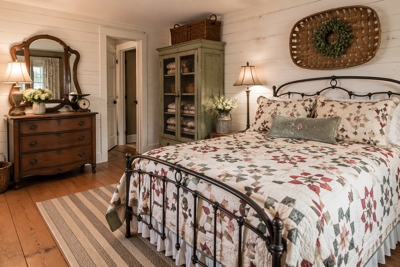 Farmhouse garage guest room with whitewashed planks and vintage quilts