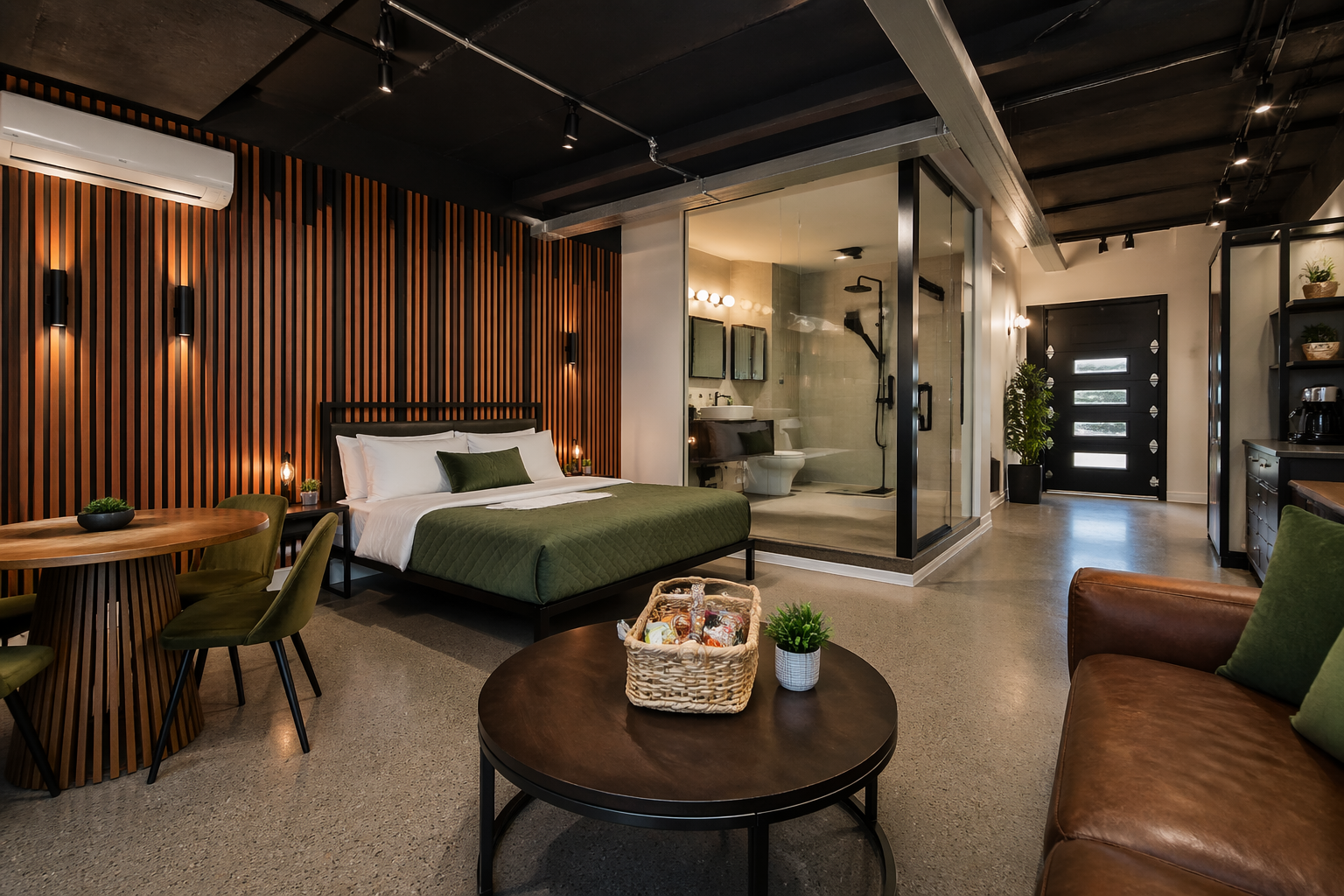 Luxury Airbnb garage suite with statement wall and hotel-quality furnishings