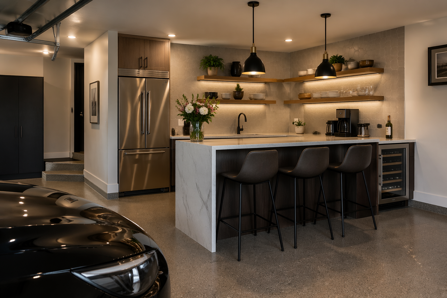 Modern garage Airbnb kitchenette with stainless appliances and quartz counters