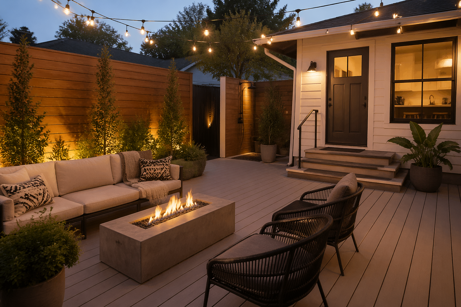 Airbnb garage suite outdoor patio with fire pit and privacy screening