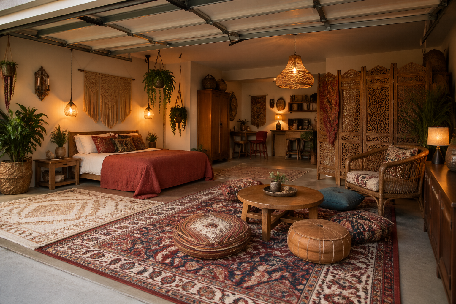 Boho garage guest suite with macrame wall art and layered rugs