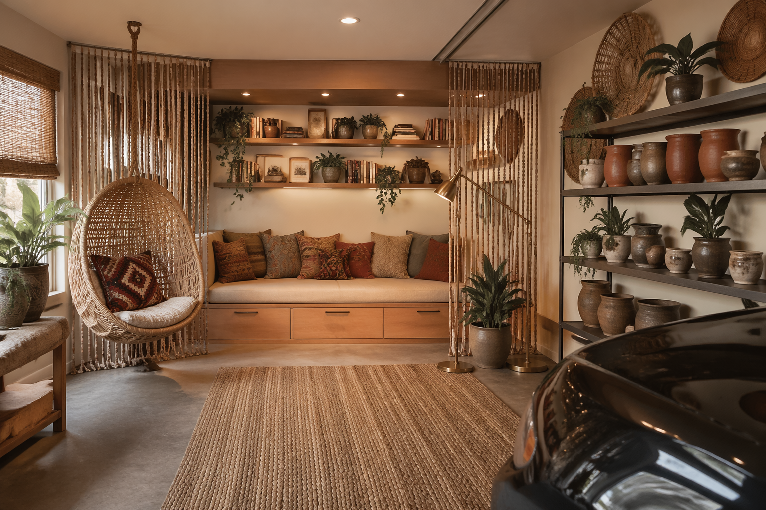 Boho garage reading nook with hanging egg chair and colorful textiles
