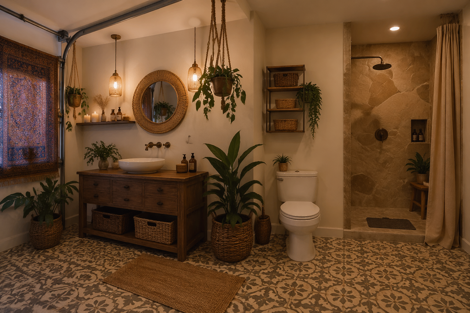 Boho garage bathroom with patterned cement tiles and rattan accents
