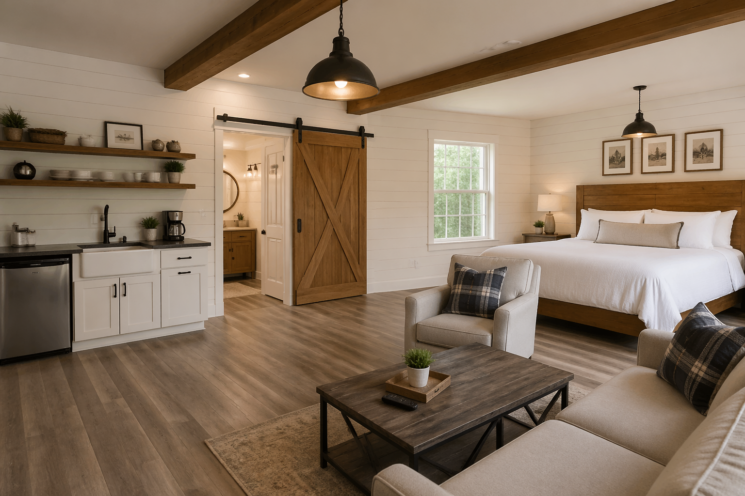 Modern farmhouse garage guest suite with shiplap walls and barn door