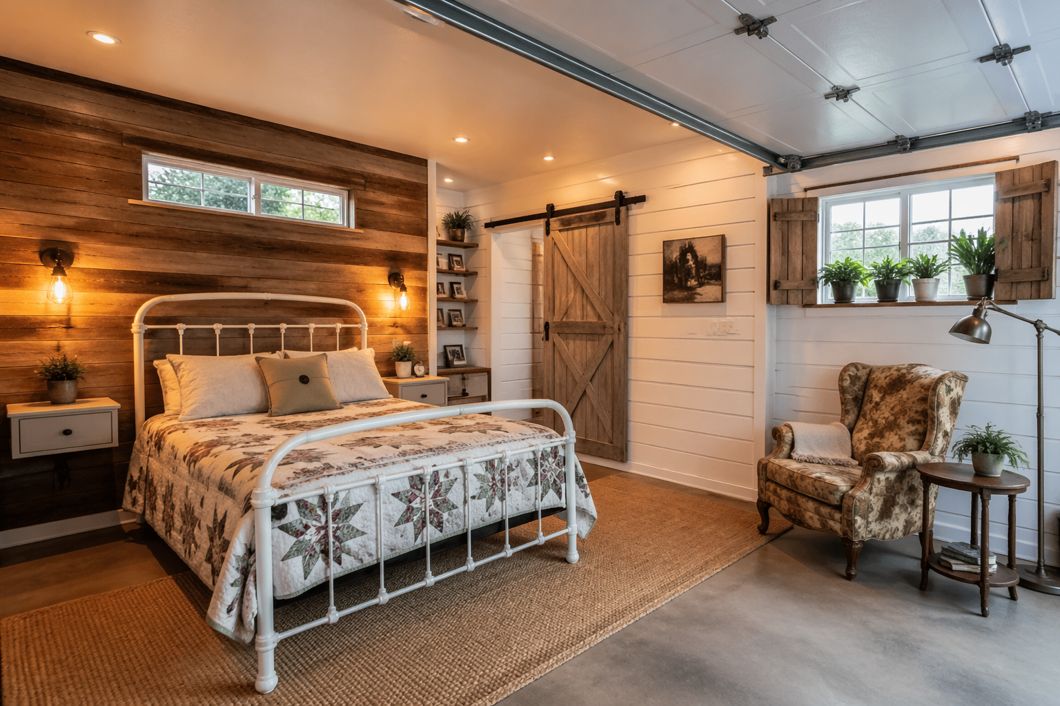 Farmhouse garage bedroom with reclaimed wood accent wall and vintage decor
