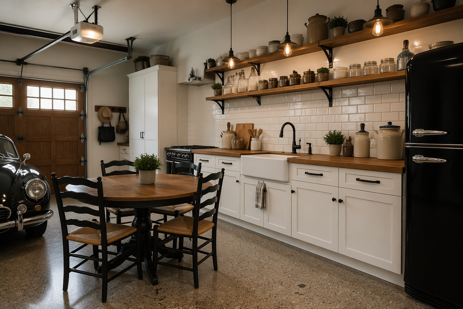 Farmhouse style garage kitchenette with subway tile and butcher block counters