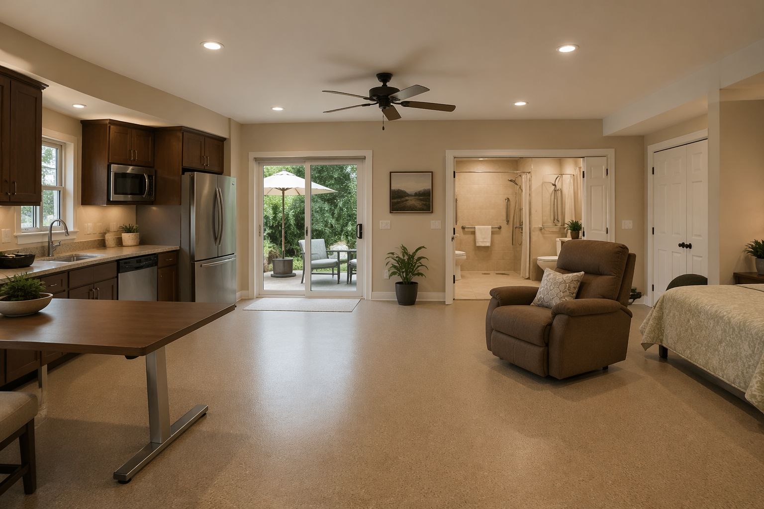 Accessible garage in-law suite with barrier-free design and wide doorways
