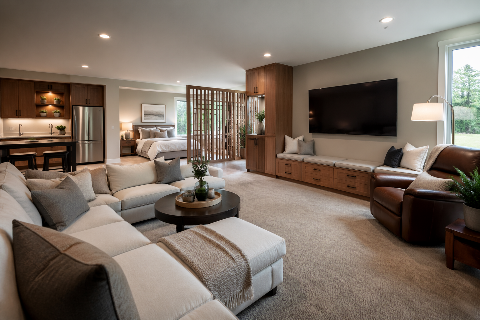 Comfortable garage in-law suite with sectional seating and built-in storage