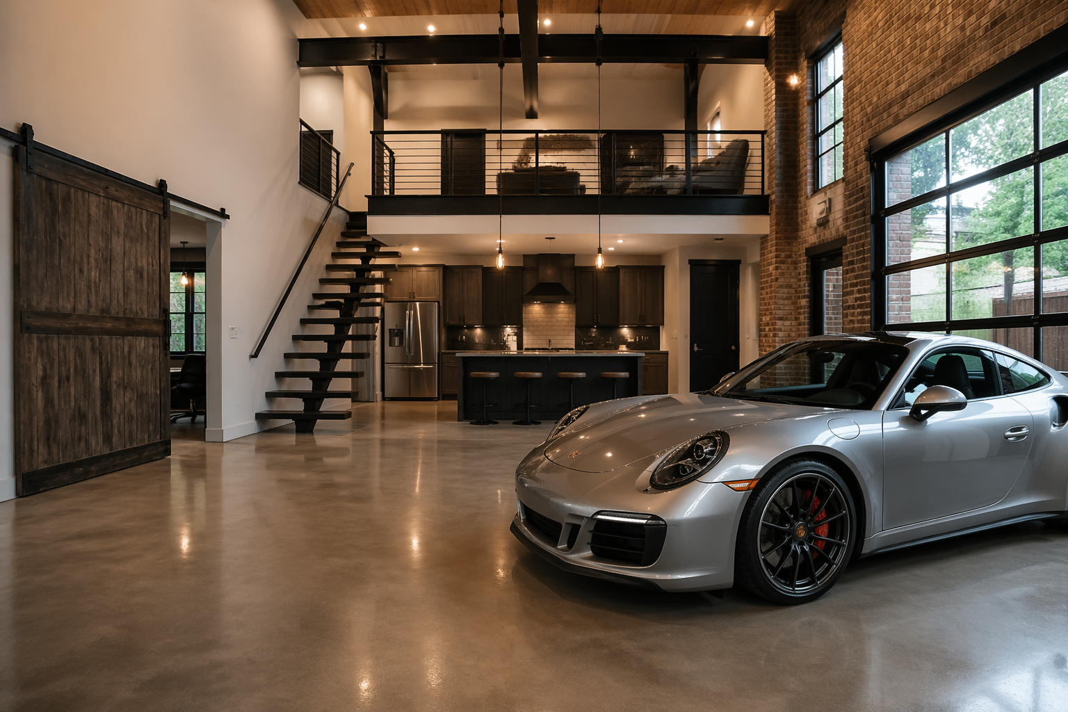 Modern garage loft with exposed steel beams and polished concrete floors