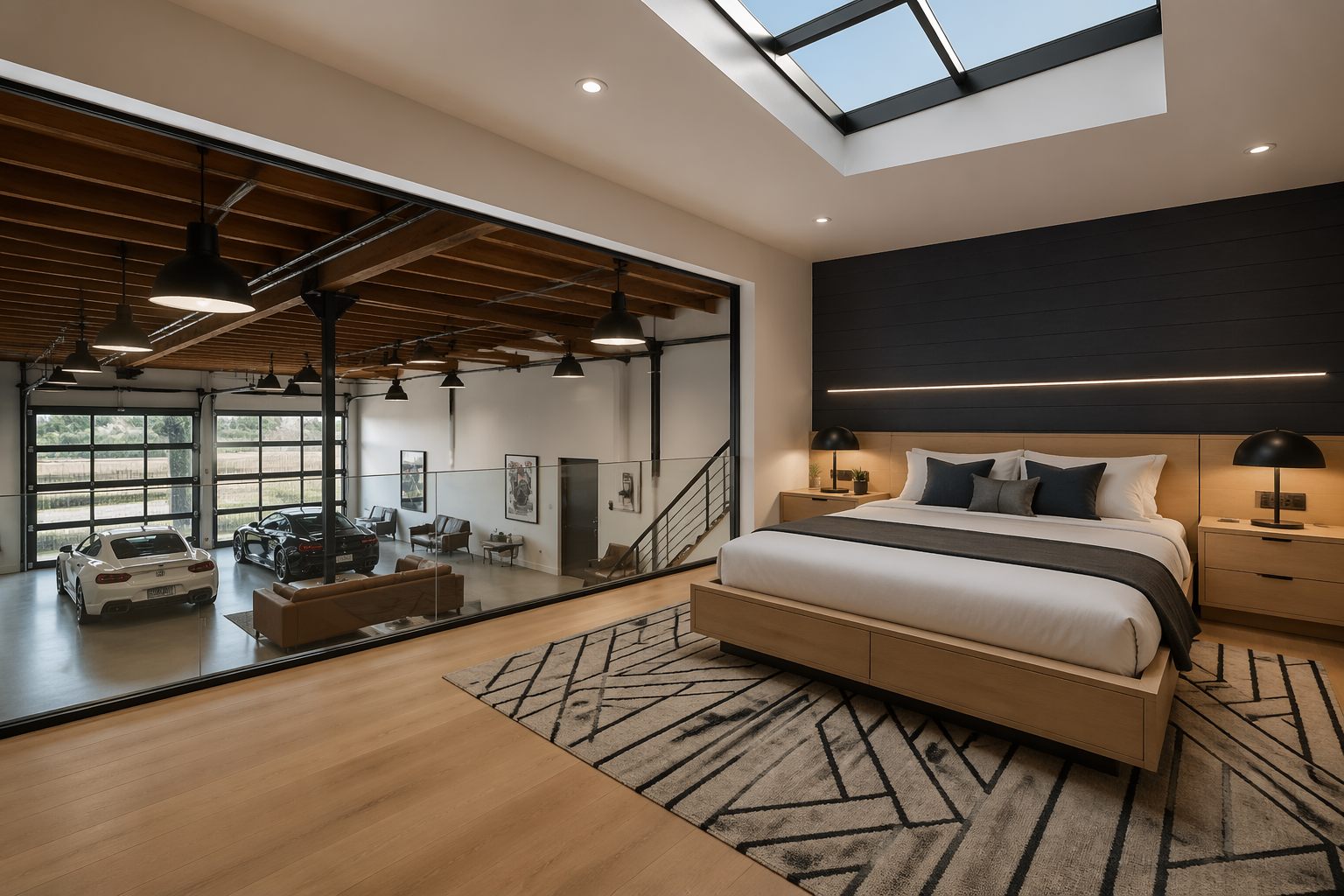 Contemporary garage loft bedroom with platform bed and skylight