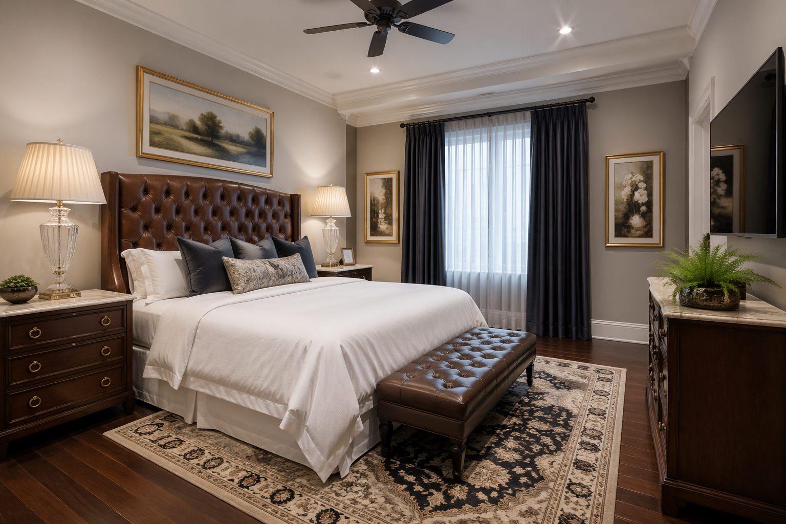 Luxury garage suite bedroom with tufted headboard and marble nightstands