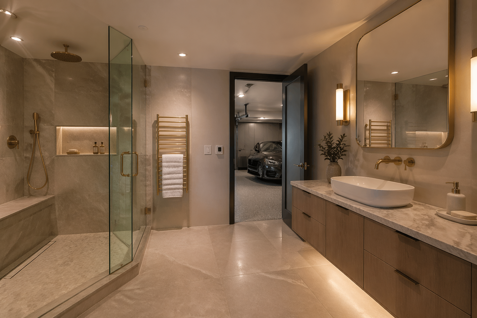 Luxury garage bathroom with rainfall shower and heated floors