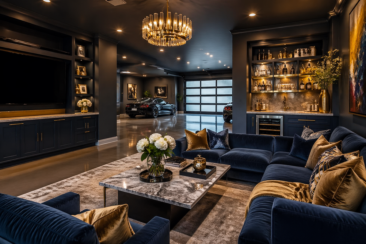 Elegant garage living area with velvet sectional and marble coffee table