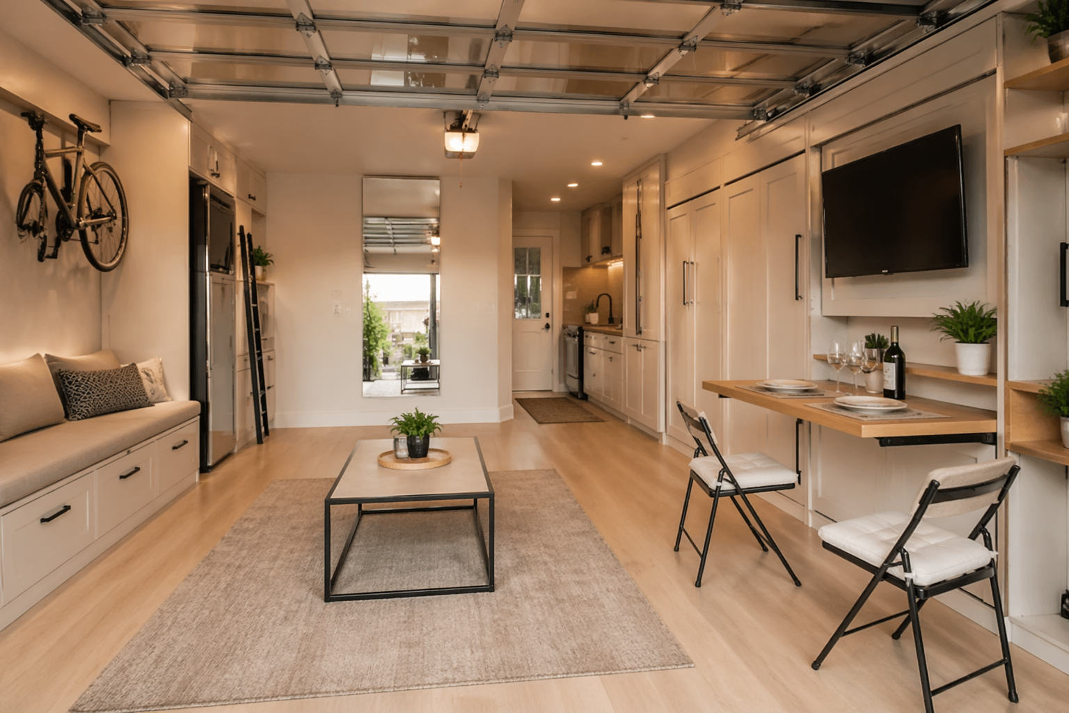 Small garage studio with Murphy bed and multifunctional furniture