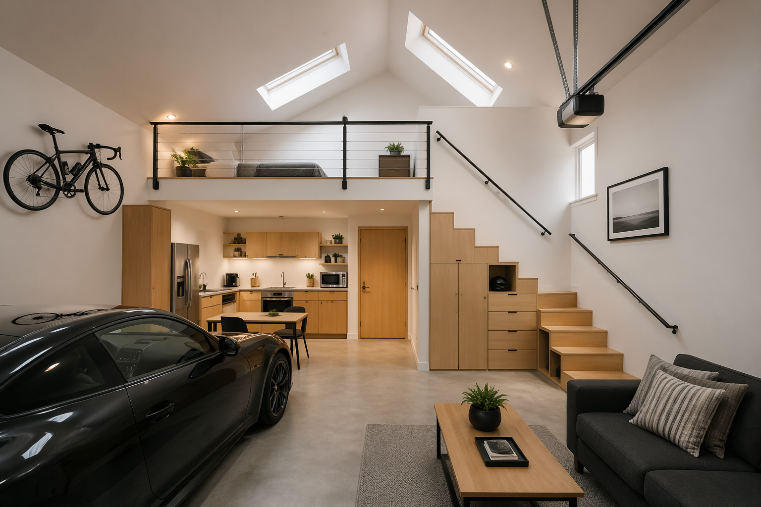 Tiny garage suite with loft bedroom and storage stairs