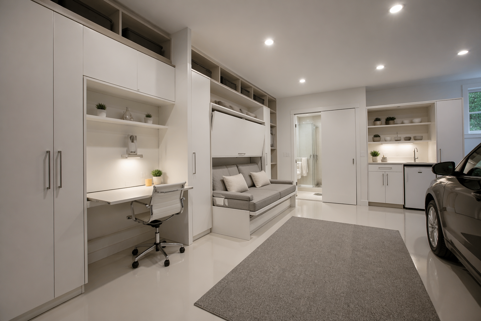 Ultra-compact garage efficiency with fold-down desk and hidden kitchen