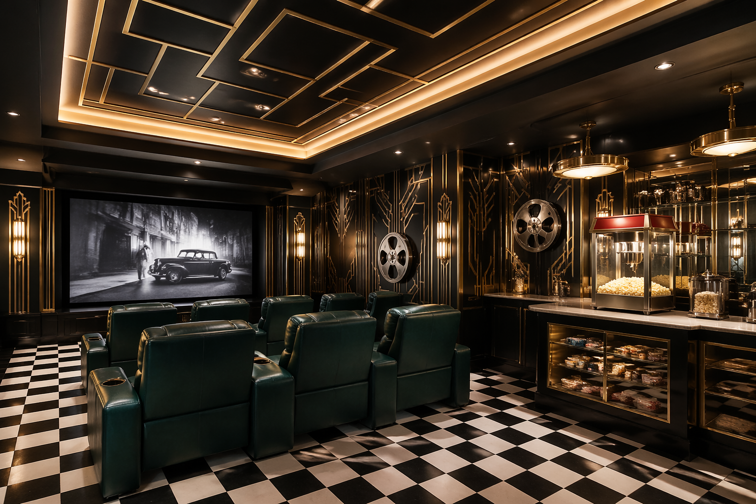 Art deco garage theater with geometric patterns and emerald leather recliners