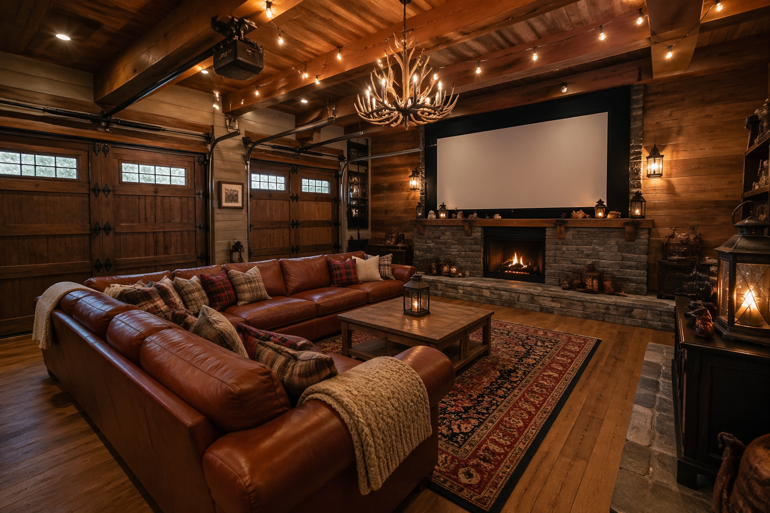 Rustic cabin garage theater with wood walls and stone fireplace