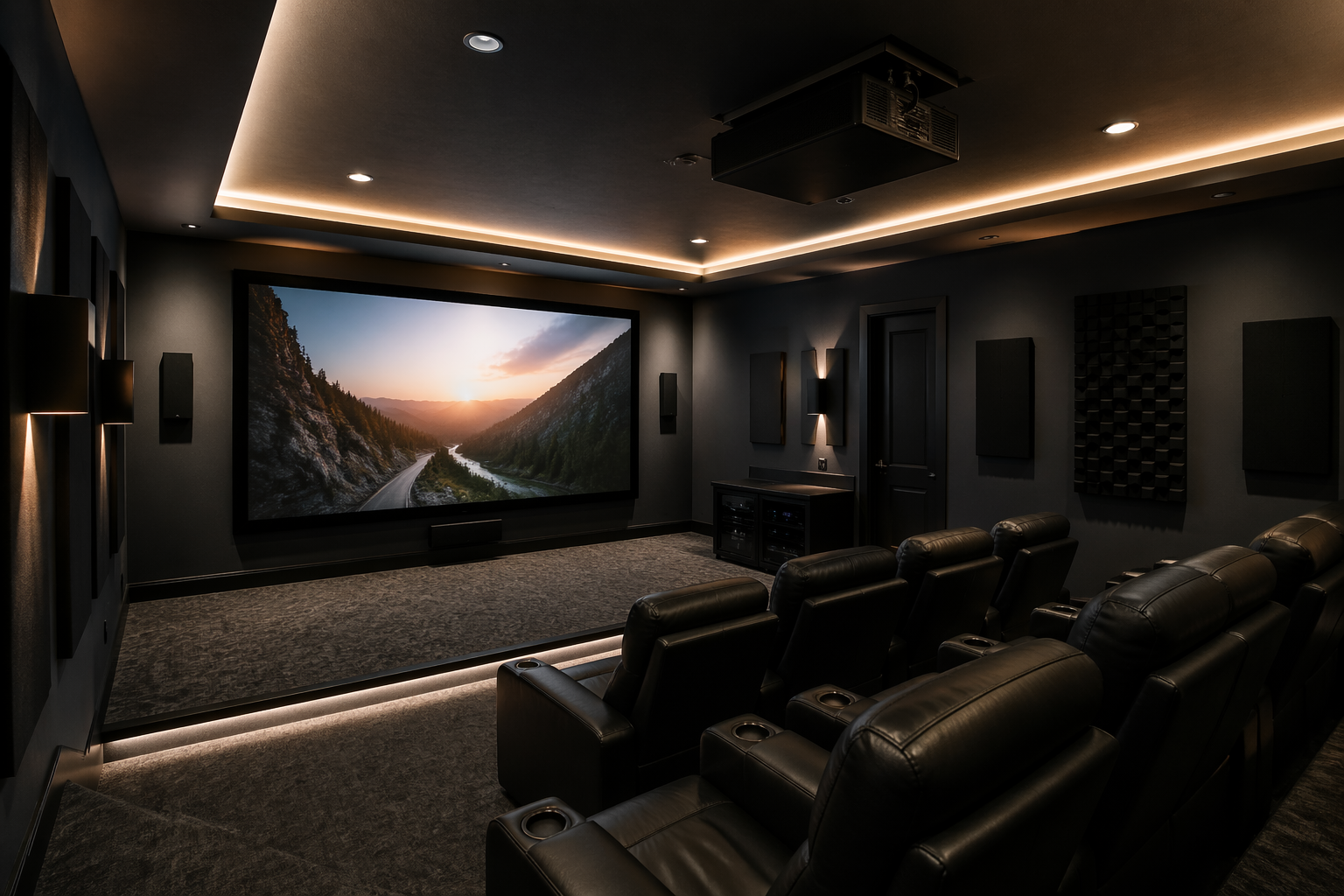 Professional garage theater with ceiling projector and motorized screen