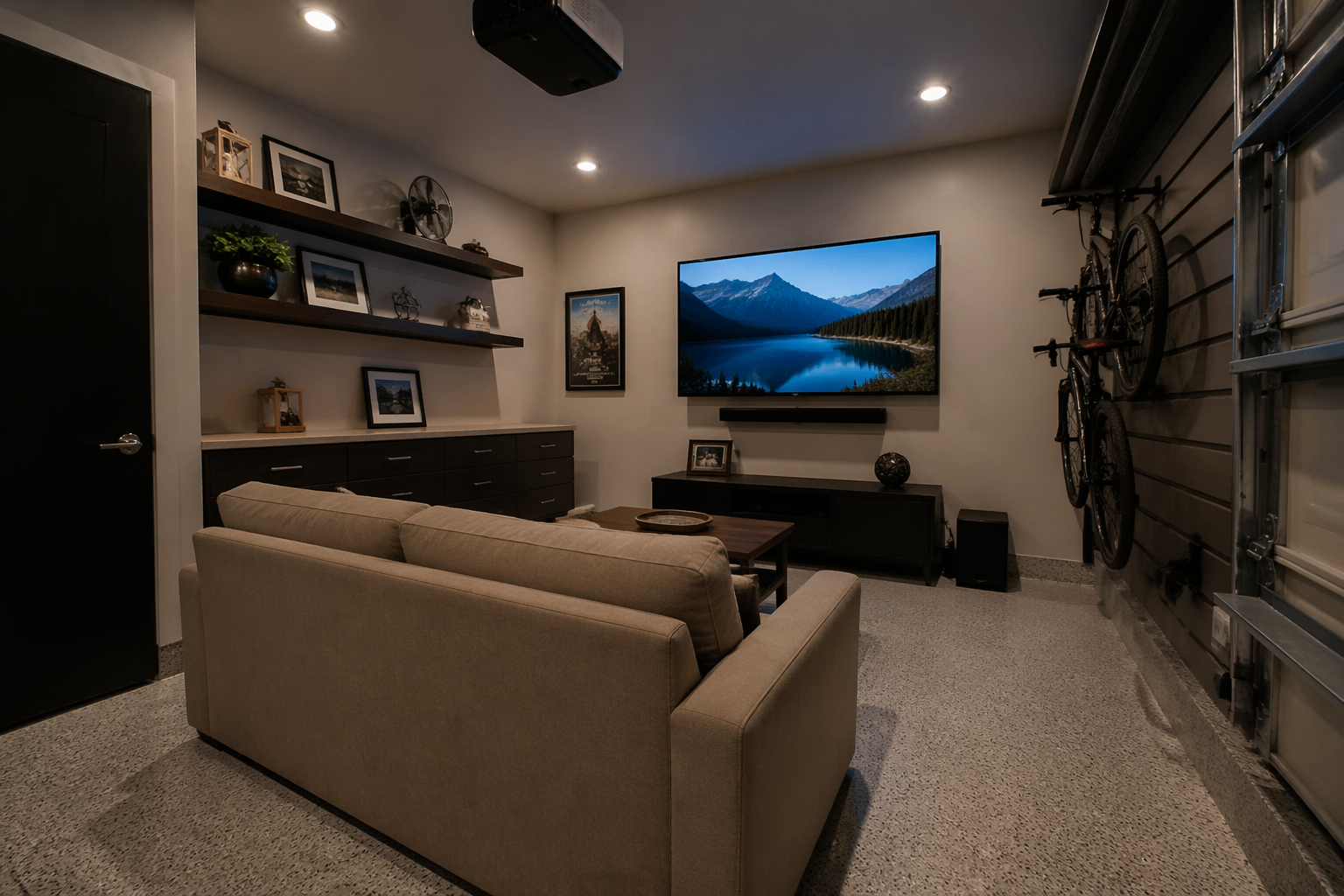 Compact garage theater with wall-mounted TV and space-saving furniture