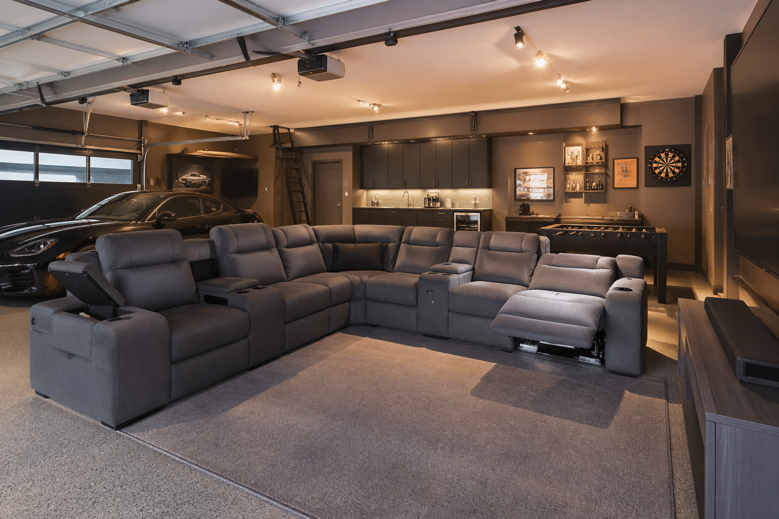 Gray sectional recliner setup for large family garage theater