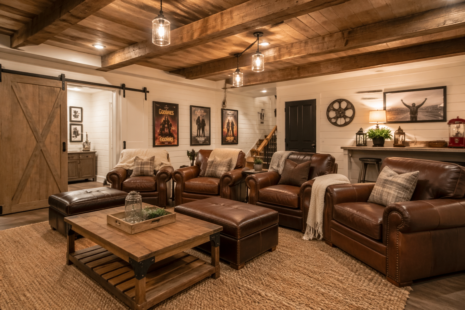Farmhouse style garage theater with shiplap walls and leather chairs