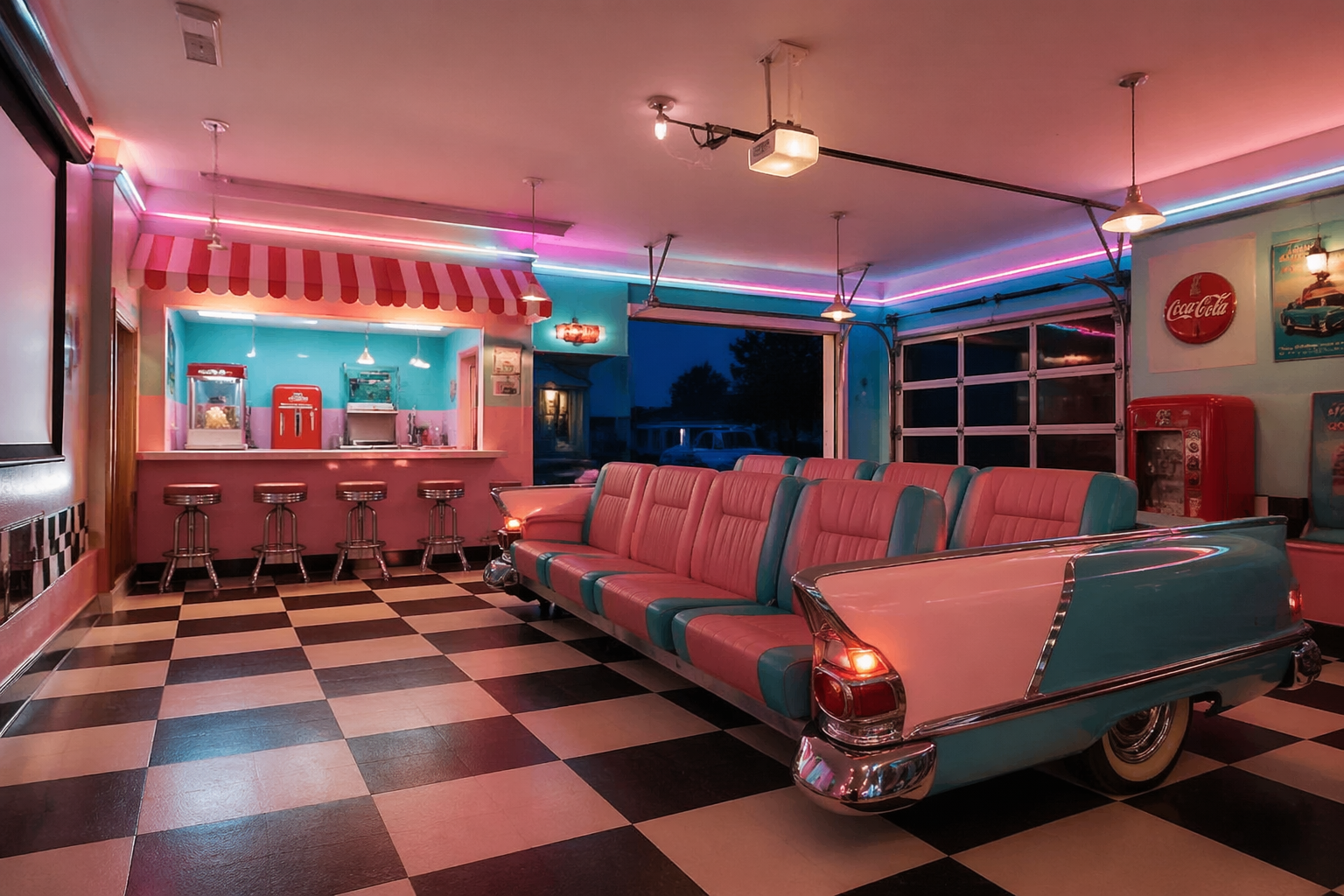 1950s drive-in themed garage theater with pastel colors and car bench seating