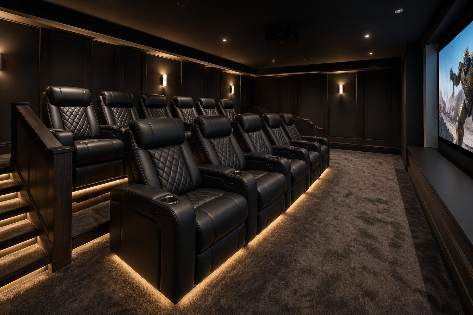 Luxury garage theater with black leather power recliners and LED lighting