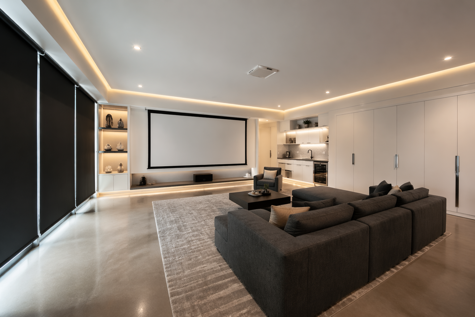 Modern minimalist garage theater with white walls and gray sectional seating