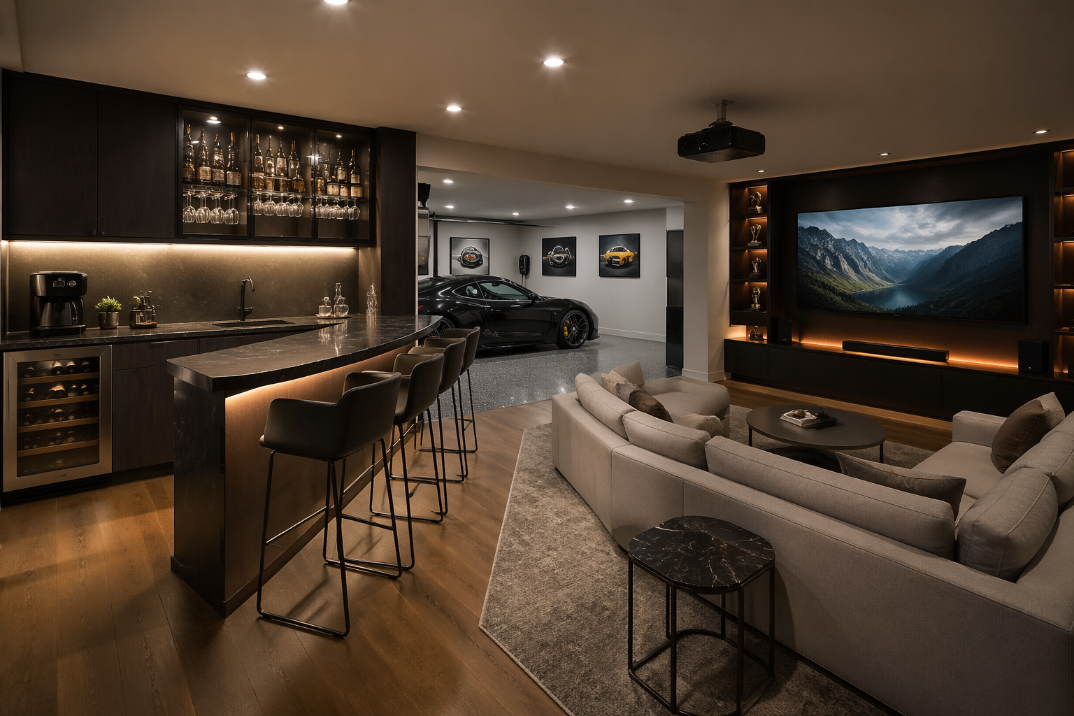 Modern garage theater lounge with wine bar and contemporary seating