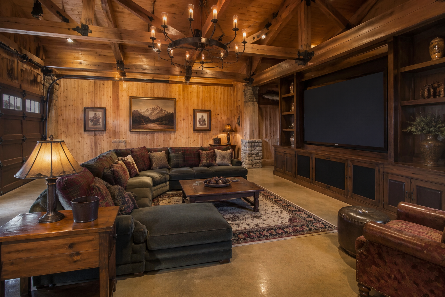 Mountain lodge garage theater with knotty pine and plaid seating