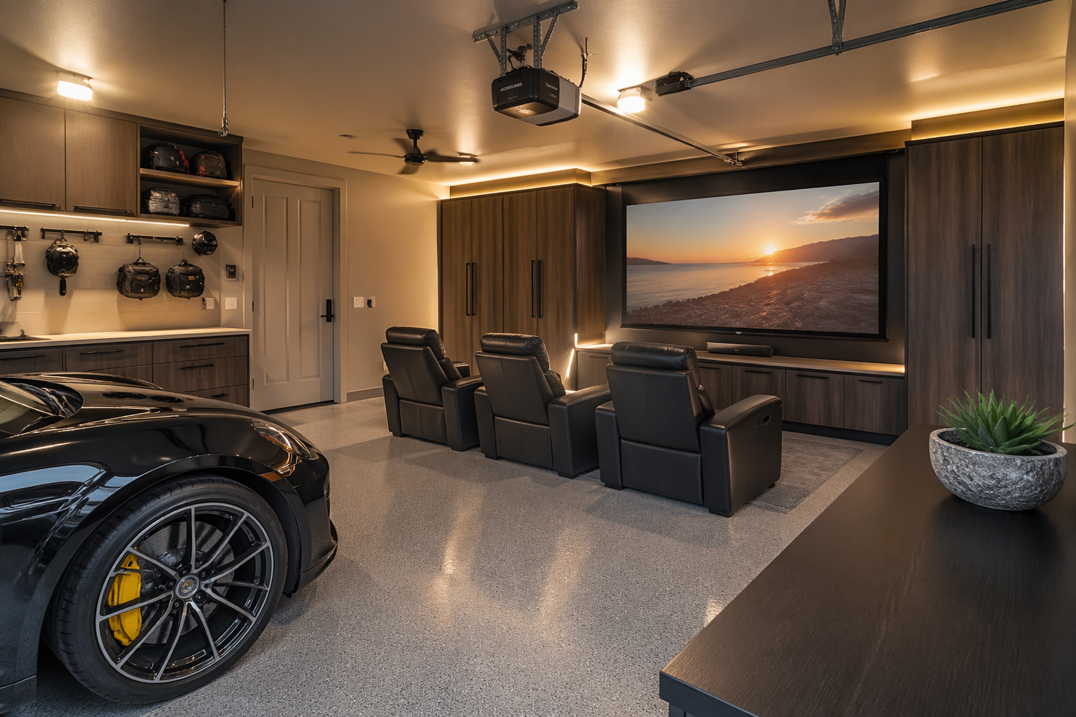Multi-purpose garage theater with Murphy bed and convertible seating