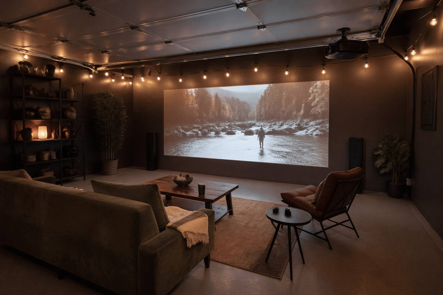 DIY garage theater with painted projection wall and casual seating